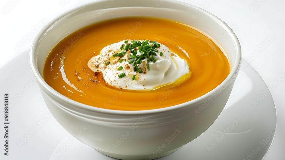 Rich and smooth pumpkin cream soup in an elegant white bowl, topped with a swirl of yogurt and a sprinkle of nutmeg on a white background.