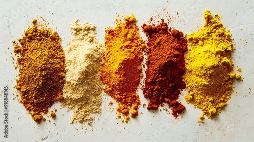 A variety of spices are arranged in a row on a white surface photo