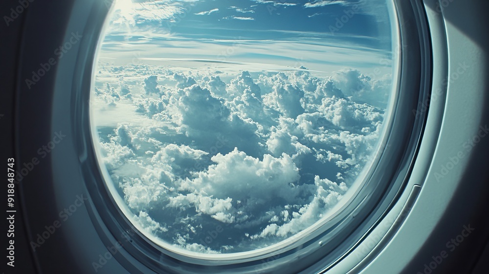 Fototapeta premium A view from the airplane window during the flight captures a stunning aerial scene.