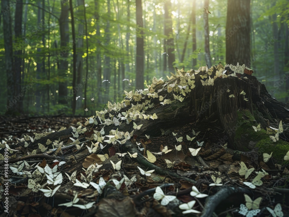 Obraz premium A large pile of butterflies is on a tree stump