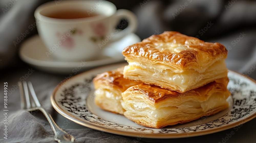 A plate of flaky puff pastry sits beside a steaming cup of tea, creating a comforting and elegant pairing. A plate of flaky puff pastry sits beside a steaming cup of tea, creating a comforting and elegant pairing.
