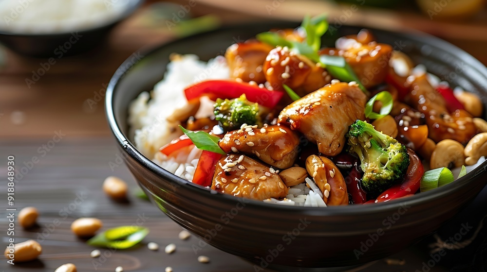 Crispy cashew Chicken stir fry with rice Asian take away food : Generative AI Crispy cashew Chicken stir fry with rice Asian take away food : Generative AI
