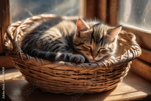 Kitten asleep curled up in a wicker basket under a sunlit window delicate whiskers twitching warm, Ai Generated