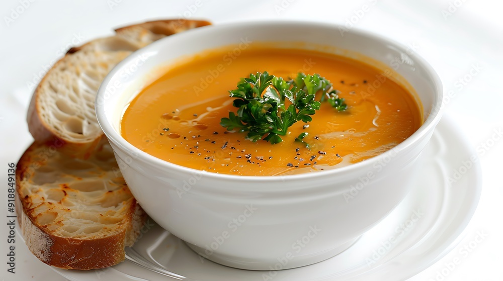 Smooth pumpkin cream soup served in a stylish white bowl, with a garnish of parsley and a side of crusty bread on a pristine white background. Smooth pumpkin cream soup served in a stylish white bowl, with a garnish of parsley and a side of crusty bread on a pristine white background.