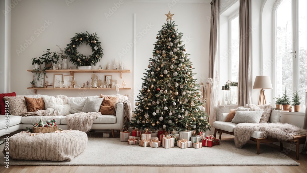 Christmas tree decorated with toys in modern scandinavian interior. Mockup white wall in cozy home Christmas tree decorated with toys in modern scandinavian interior. Mockup white wall in cozy home