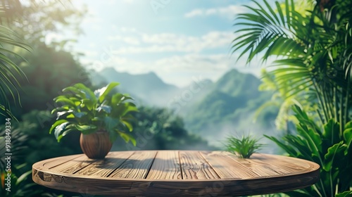 Surreal wood podium with tropical forest plant blur blue sky montains landscape nature backgroundProduct present natural placement pedestal minimal displaysummer paradise dreamy concep : Generative AI photo