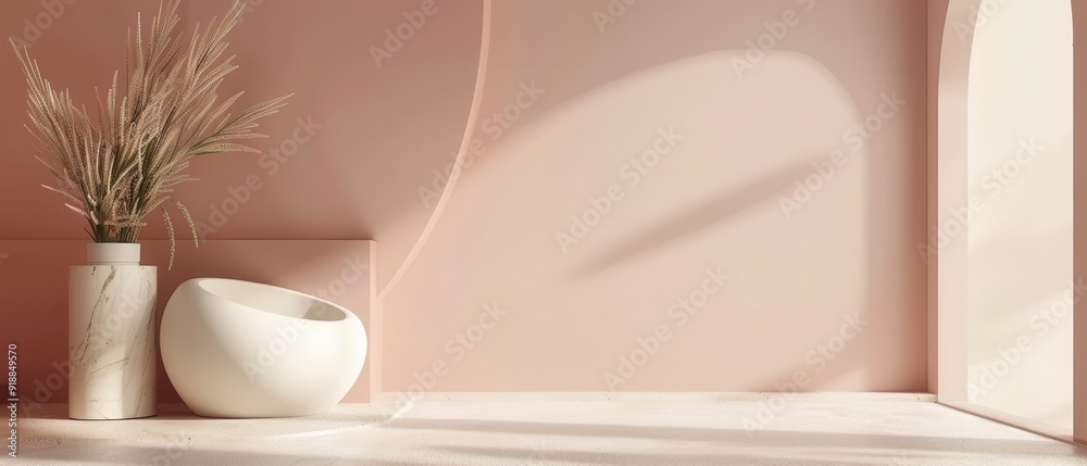 A white room with a white wall and a white vase with flowers on it A white room with a white wall and a white vase with flowers on it