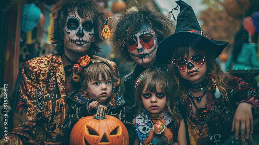 Classic Halloween family portrait with parents and children dressed in 1970s disco, punk rocker, and classic movie monster costumes.