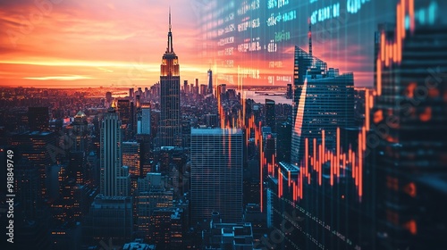 The skyline of New York City's Financial District, featuring towering skyscrapers, at sunset.