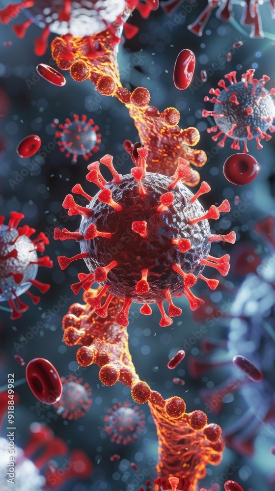 Microscopic view of a virus interacting with DNA strands, highlighting the complexities of viral structure and replication. Microscopic view of a virus interacting with DNA strands, highlighting the complexities of viral structure and replication.