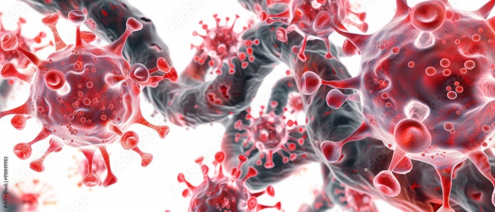 Microscopic view of red virus cells with intricate details showcasing health and disease themes in a scientific context. Microscopic view of red virus cells with intricate details showcasing health and disease themes in a scientific context.