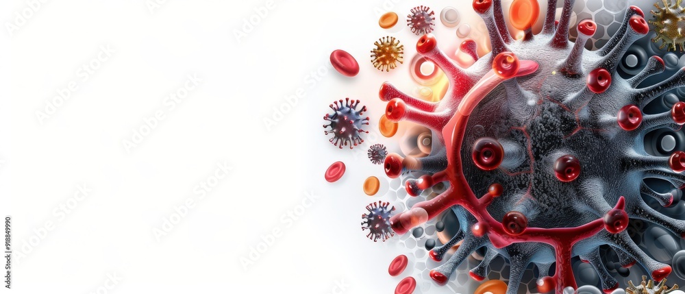 Microscopic view of a virus with red blood cells and other ...