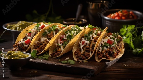 a classic taco loaded with fresh ingredients, a generous amount of minced beef, chopped vegetables and greens photo