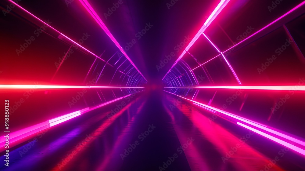 A long tunnel with pink and purple lights in it A long tunnel with pink and purple lights in it