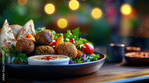 A plate of food with a variety of vegetables and meatballs. The plate is set on a wooden table