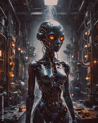 Cyborg woman in a dark factory. 3D rendering. Virtual reality, 3d rendering