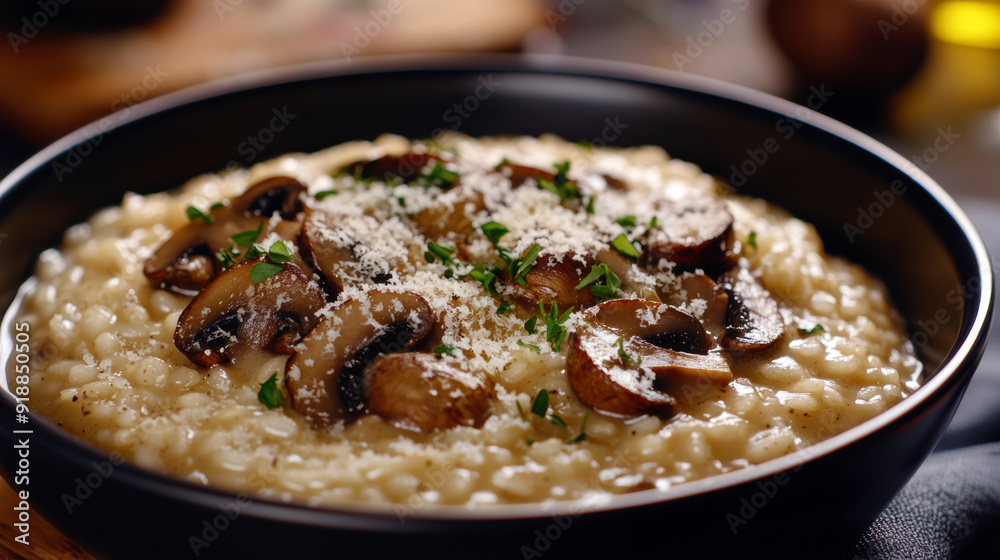 A bowl of mushroom risotto with cheese and parsley. The dish is served in a black bowl and is topped with cheese and parsley A bowl of mushroom risotto with cheese and parsley. The dish is served in a black bowl and is topped with cheese and parsley