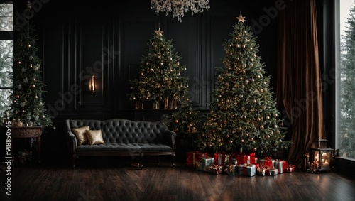 Christmas tree in black room interior