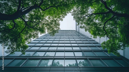 A typical office building surrounded by lush green trees, creating a pleasant contrast between the modern architectural structure and the natural environment. 