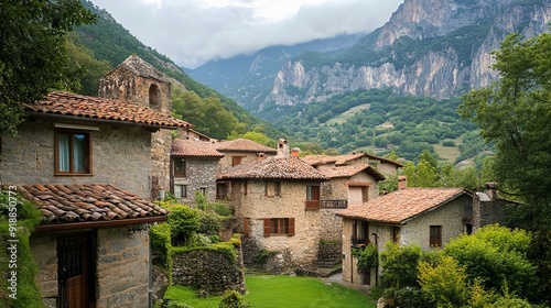 The village of Bulnes in Spain is a picturesque and remote mountain hamlet nestled in the heart of the Picos de Europa National Park.  photo