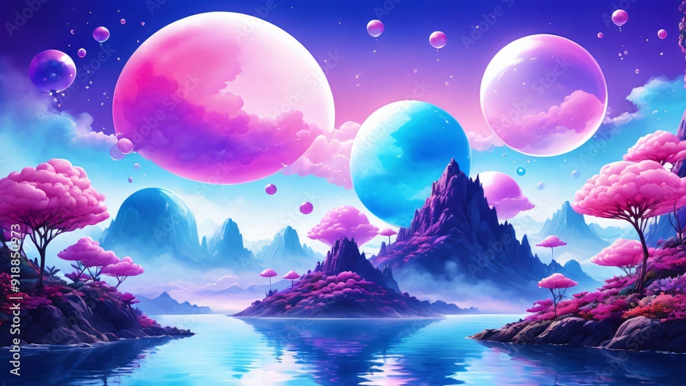 A dreamy, surreal landscape with floating pink and blue planets, pastel clouds, and magical trees, creating a whimsical and ethereal atmosphere A dreamy, surreal landscape with floating pink and blue planets, pastel clouds, and magical trees, creating a whimsical and ethereal atmosphere