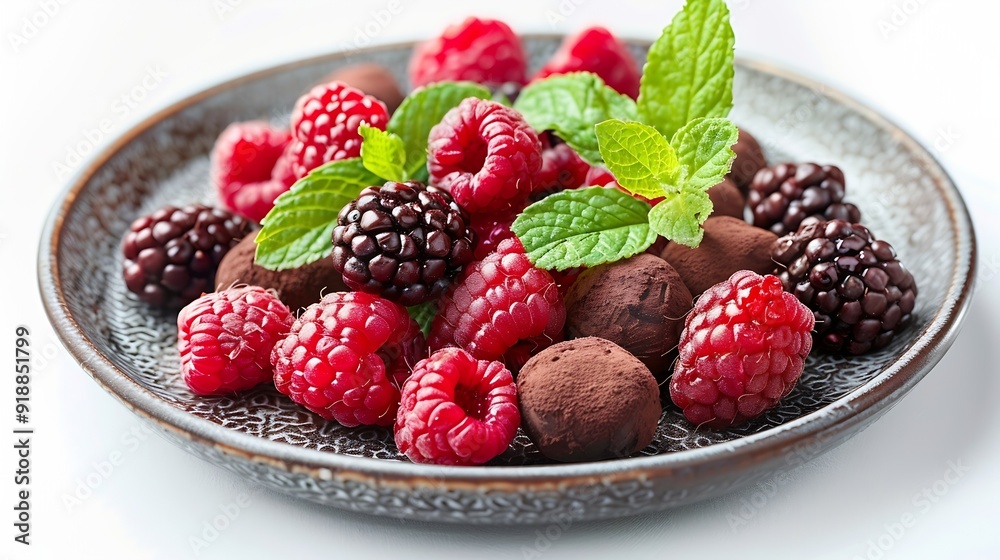 Plate with delicious chocolate fondant berries and mint isolated on white : Generative AI Plate with delicious chocolate fondant berries and mint isolated on white : Generative AI