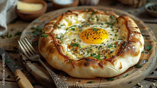 Traditional Georgian pastries  Adjarian khachapuri with cheese and raw yolk khinkali fork and knife On a platein a restaurant styleKhachapuri in Ajarian style with ingredients Georgian : Generative AI photo