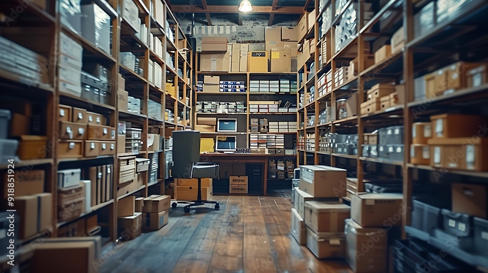 Empty storage room with office desk and shelves warehouse filled with boxes of retail products Order management and quality control space for stock merchandise small business : Generative AI Empty storage room with office desk and shelves warehouse filled with boxes of retail products Order management and quality control space for stock merchandise small business : Generative AI