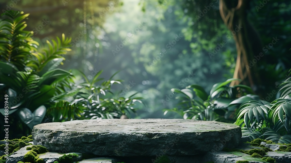 Stone tabletop podium floor in outdoors tropical garden forest blurred green leaf plant nature backgroundNatural product placement pedestal stand displayjungle paradise concept : Generative AI Stone tabletop podium floor in outdoors tropical garden forest blurred green leaf plant nature backgroundNatural product placement pedestal stand displayjungle paradise concept : Generative AI