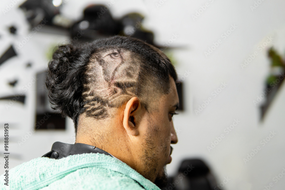 Fototapeta premium Stylish Man Showing Off Unique Haircut Design