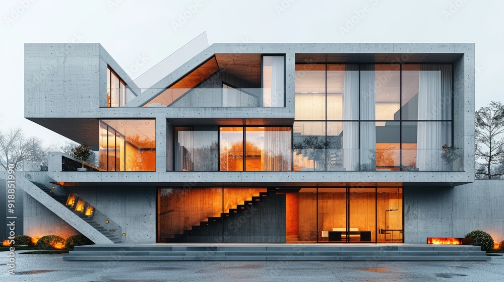 minimalist house with an exterior wall made of triangular window frames, modern architecture minimalist house with an exterior wall made of triangular window frames, modern architecture