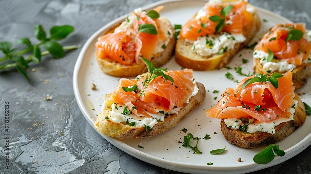 Bruschetta with smoked trout slices and cream cheese on baguette on white plate Top view : Generative AI Bruschetta with smoked trout slices and cream cheese on baguette on white plate Top view : Generative AI