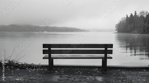 A black and white image of an empty park bench at the waterfront in Silverdale WA : Generative AI