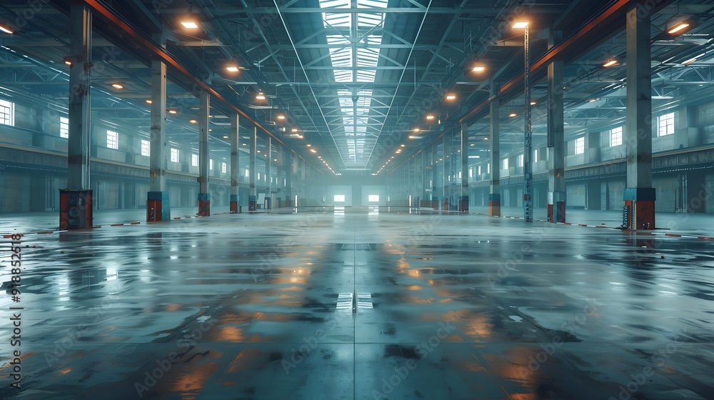 Wide shot of industrial hall empty and clean : Generative AI Wide shot of industrial hall empty and clean : Generative AI