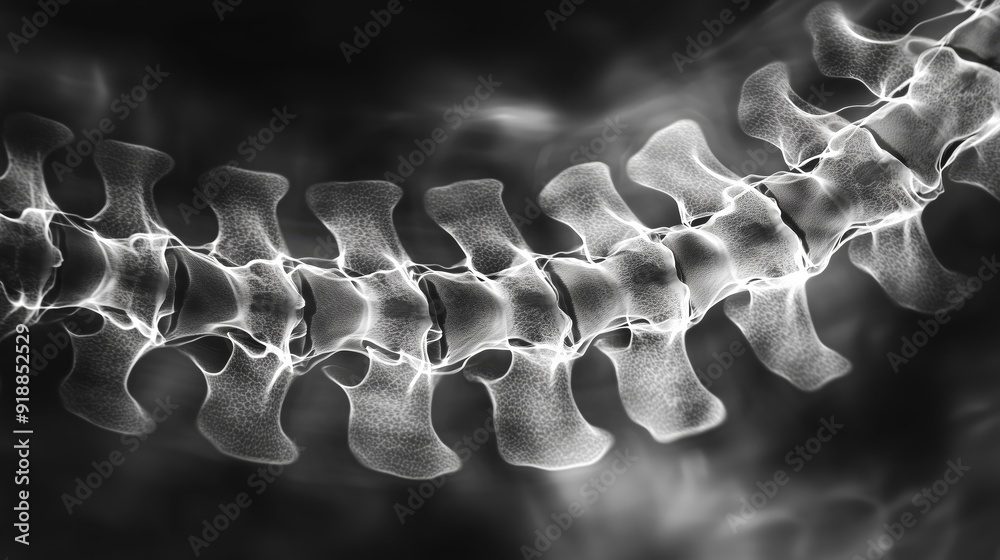 Fototapeta premium Detailed black and white image of a human spine x-ray, showcasing vertebrae and spinal structure. Medical, anatomy, healthcare concept.