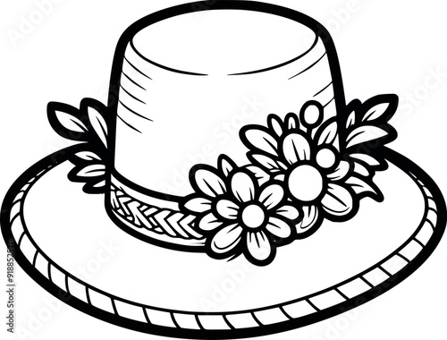 Abstract Fashion Woman summer hat with flower art drawn straw lady cap Silhouetted Black & White Stock Photos generated Ai