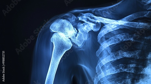 Detailed X-ray of a human shoulder joint, highlighting bone structure and medical anatomy on a dark background. photo