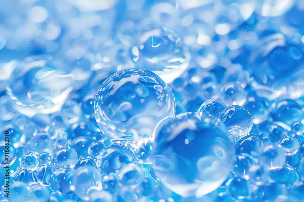 Blue hydrogel balls with reflection on soapy background Close up macro shot Blue hydrogel balls with reflection on soapy background Close up macro shot