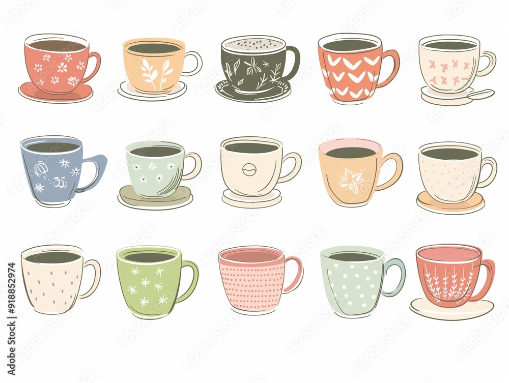 Set of various cup of tea simple illustration. AI generated