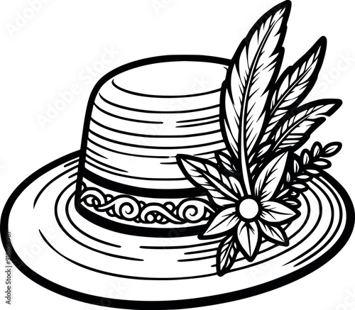 Abstract Fashion Woman summer hat with flower art drawn straw lady cap Silhouetted Black & White Stock Photos generated Ai
