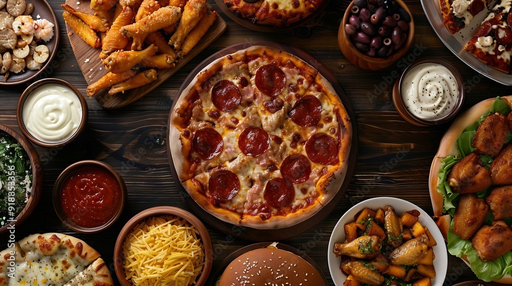 Super Bowl or football theme food frame Pizza hamburgers wings snacks and sides Above view on a dark wood background : Generative AI Super Bowl or football theme food frame Pizza hamburgers wings snacks and sides Above view on a dark wood background : Generative AI