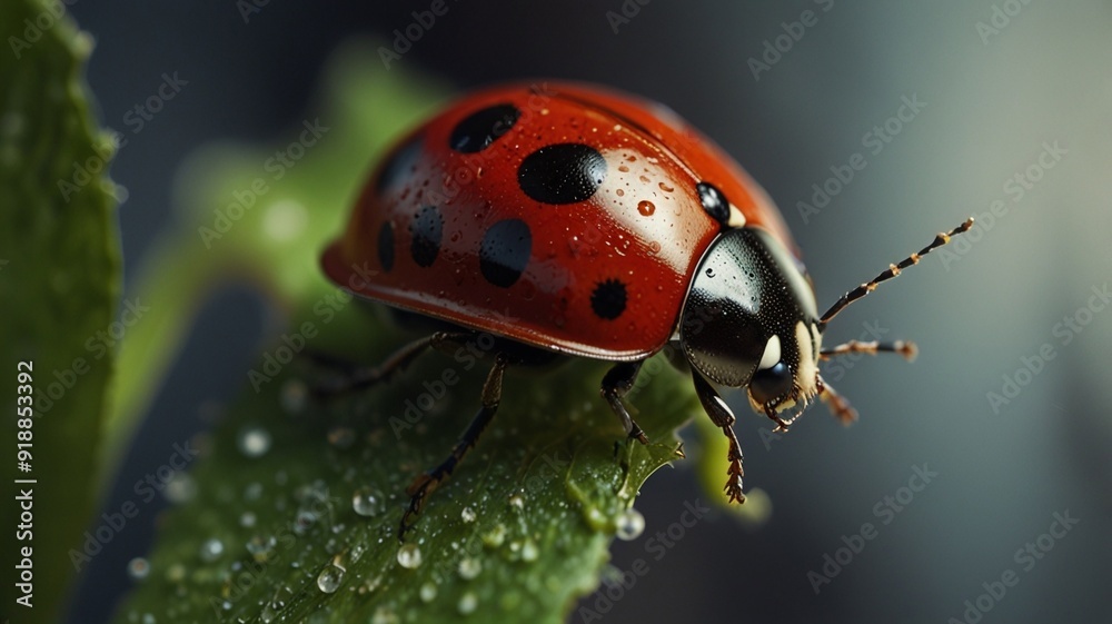 Fototapeta premium ladybug on green leaf macro close up insect in the nature