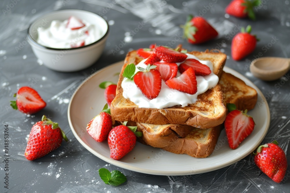 Breakfast of French toast with yogurt and strawberries Breakfast of French toast with yogurt and strawberries