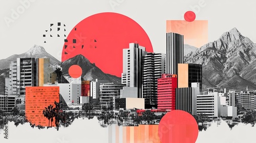 Abstract cityscape with red and orange geometric shapes.
