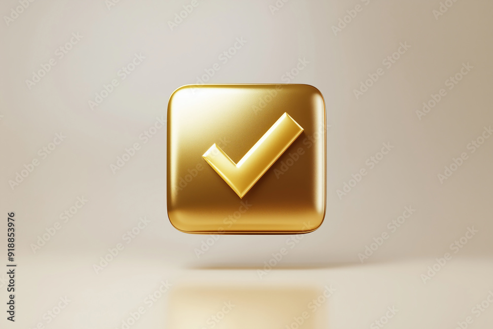 Floating Gold Checkmark Icon on Minimalist Background, 3D Design Concept Floating Gold Checkmark Icon on Minimalist Background, 3D Design Concept