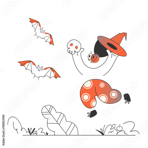 Little witch playing with bats