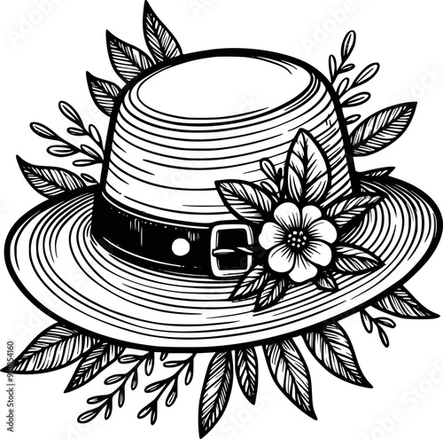 Abstract Fashion Woman summer hat with flower art drawn straw lady cap Silhouetted Black & White Stock Photos generated Ai