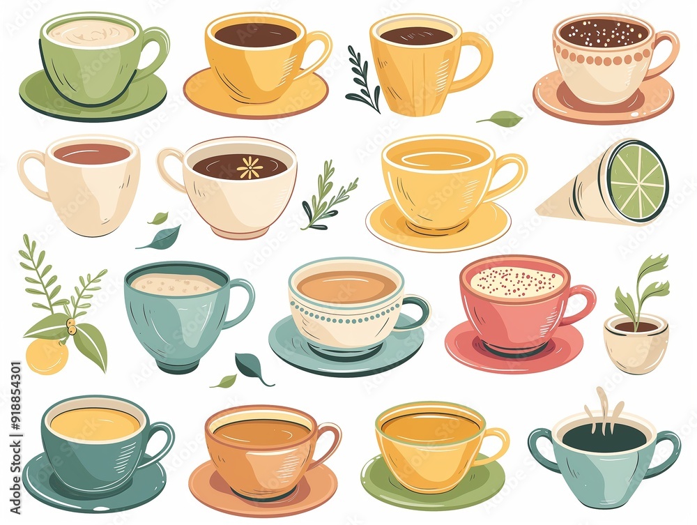 Set of various cup of tea simple illustration. AI generated Set of various cup of tea simple illustration. AI generated