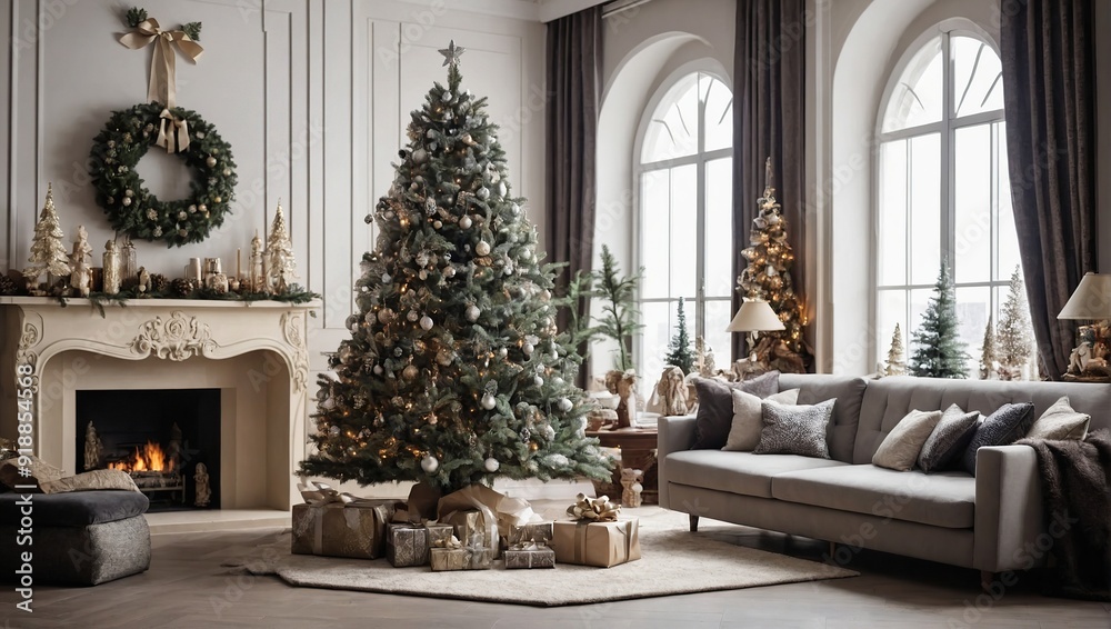 Christmas tree in stylish living room interior Christmas tree in stylish living room interior