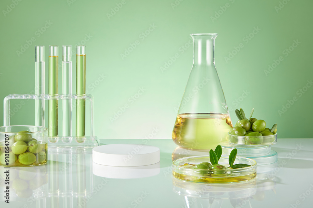 An empty podium displayed on green background with lab glassware containing fresh olive and olive oil. Space for presentation product with ingredient from olive An empty podium displayed on green background with lab glassware containing fresh olive and olive oil. Space for presentation product with ingredient from olive